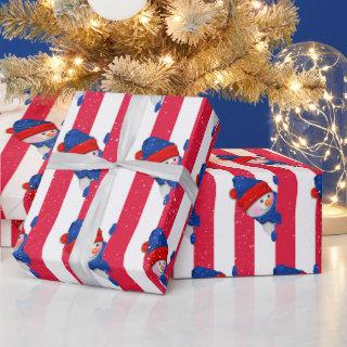 Christmas Snowman On Stripes and Snowflakes