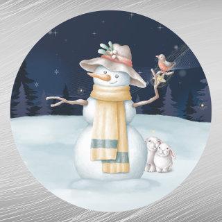 Christmas Snowman Rabbit Bird Hat Watercolor Classic Round Sticker