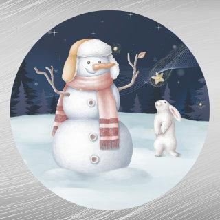 Christmas Snowman Rabbit Carrot Watercolor Classic Round Sticker