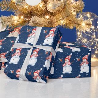 Christmas Snowman with Bird on Blue
