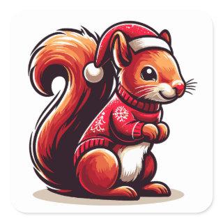 Christmas Squirrel with Santa Hat, Xmas Squirrel Square Sticker