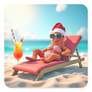 Christmas Starfish Sunbathing In a Bikini Square Sticker