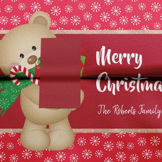 Christmas Teddy Bear with Gift and Snowflakes, Red Tissue Paper