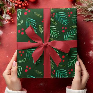 Christmas tree branches and berries - dark green  sheets