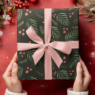 Christmas tree branches and berries- vintage green  sheets