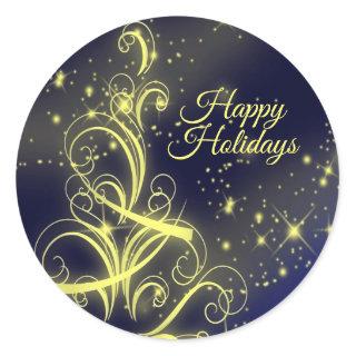 Christmas Tree Party Gold Stars Navy Blue Holidays Classic Round Sticker