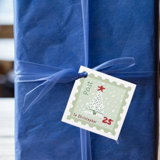 Christmas Tree Postage Stamp Monogram name Square  Favor Tags