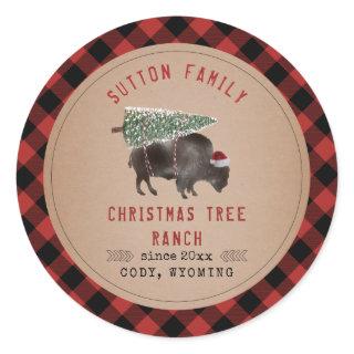 Christmas Tree Ranch Santa Buffalo Rustic Plaid Classic Round Sticker