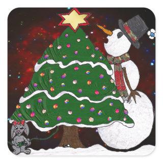 Christmas Tree Snowman Surprise Art Print Square Sticker