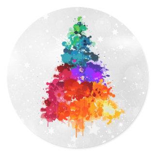 Christmas Tree, Splatter Paint, Primary Colors Classic Round Sticker