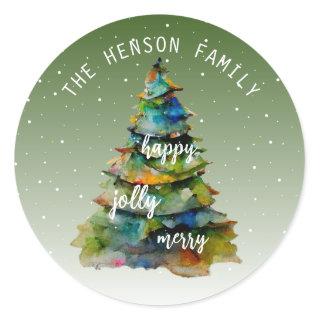 Christmas Tree Watercolor Merry Jolly Happy Classic Round Sticker