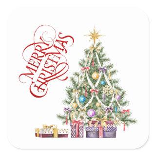 Christmas Tree with Gold Star and Presents Square Sticker