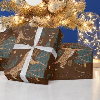 Christmas trees & tigers pattern brown background