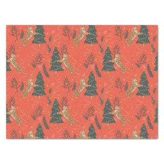 Christmas trees & tigers pattern on orange backgro tissue paper
