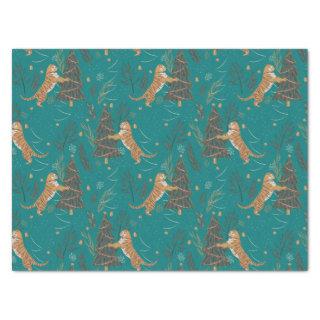 Christmas trees & tigers pattern on turquoise tissue paper