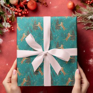 Christmas trees & tigers pattern on turquoise