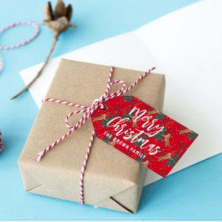 Christmas trees & tigers pattern red background gift tags