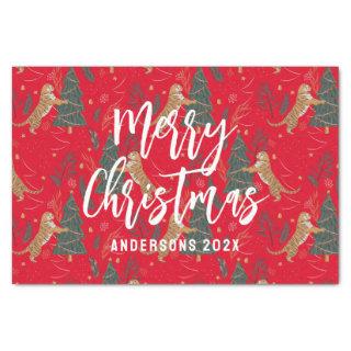 Christmas trees & tigers pattern red background tissue paper