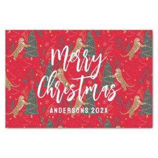 Christmas trees & tigers pattern red background tissue paper