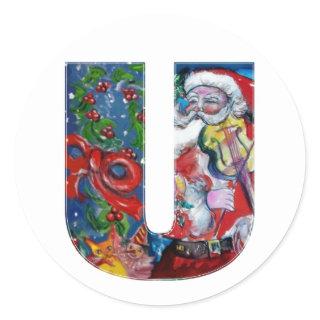 CHRISTMAS U LETTER  / SANTA WITH VIOLIN MONOGRAM CLASSIC ROUND STICKER