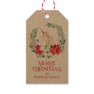 Christmas unicorn and poinsettia wreath gift tags