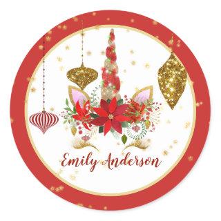 Christmas Unicorn Face Personalized Red Gold Classic Round Sticker