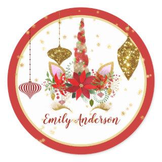 Christmas Unicorn Face Personalized Red Gold Classic Round Sticker