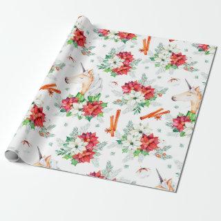 Christmas unicorn red and white poinsettia pattern
