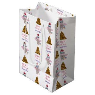 Christmas Unicorn Santa Hat Gold Glitter Xmas Tree Medium Gift Bag