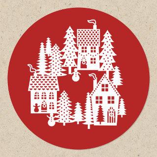 Christmas Village Red and White Classic Round Sticker