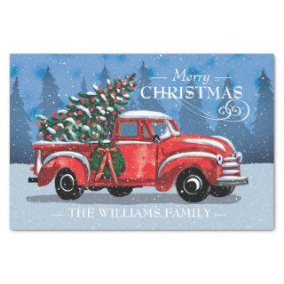 Christmas Vintage Red Truck Snow Scene Family Name Tissue Paper