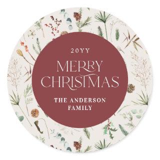 Christmas watercolor botanical floral burgundy classic round sticker