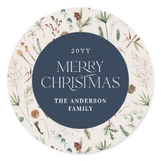 Christmas watercolor botanical floral navy blue classic round sticker