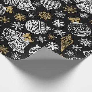 Christmas White Black Gold Bells Baubles Snowflake