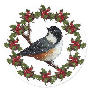 Christmas Wreath with Chickadee: Original Art Classic Round Sticker