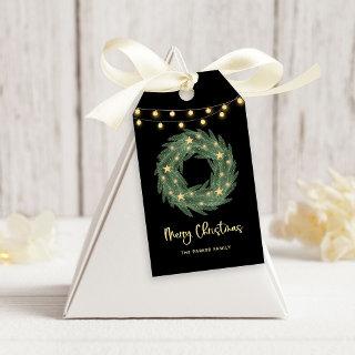 Christmas Wreath with Gold String Lights on Black Gift Tags