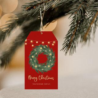 Christmas Wreath with Gold String Lights on Red Gift Tags