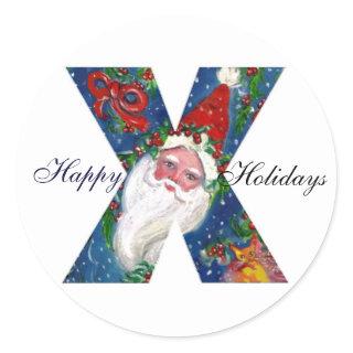 CHRISTMAS X LETTER / SANTA CLAUS WITH RED RIBBON CLASSIC ROUND STICKER