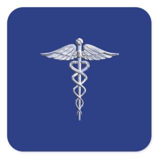 Chrome Like Caduceus Medical Symbol Navy Blue Deco Square Sticker