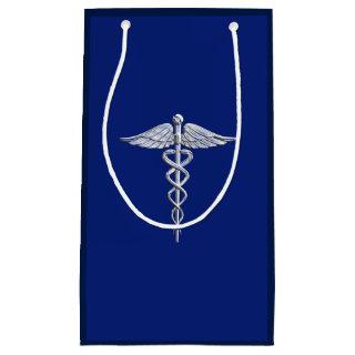 Chrome Like Caduceus Medical Symbol on Navy Blue Small Gift Bag