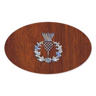 Chrome Like Mahogany Wood Grain Scottish Thistle Oval Sticker