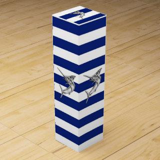 Chrome Marlin Fish on Navy Stripes Wine Box