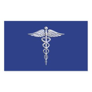 Chrome Style Caduceus Medical Symbol on Navy Blue Rectangular Sticker