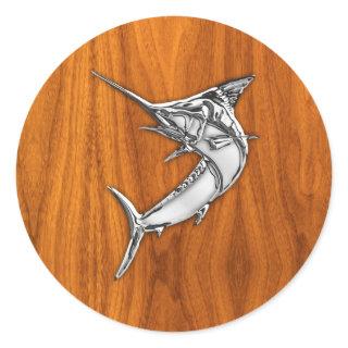 Chrome Style Marlin on Teak Wood Decor Classic Round Sticker