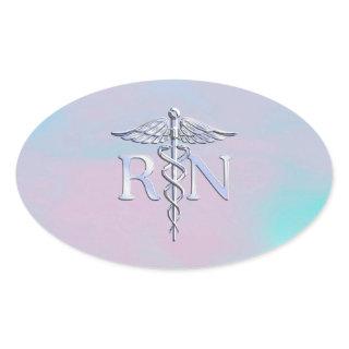 Chrome Style RN Caduceus Medical Mother Pearl Look Oval Sticker