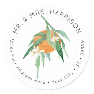 Citrus Cutie Orange Floral Greenery Address Classic Round Sticker