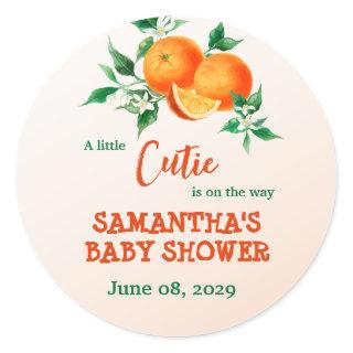 Citrus Little Cutie On The Way Orange Baby Shower Classic Round Sticker