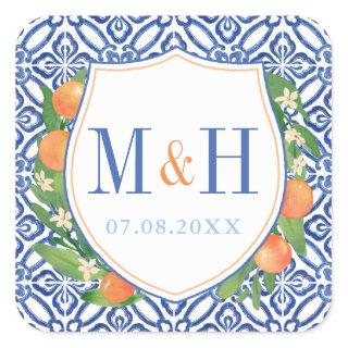Citrus Wedding Logo; Oranges With Blue Tiles Square Sticker
