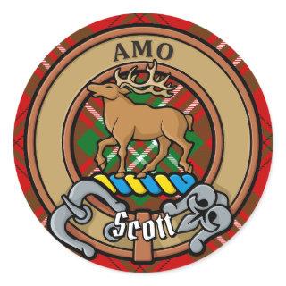 Clan Scott Crest over Red Tartan Classic Round Sticker