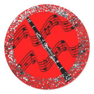 Clarinet, colorful red background,  classic round sticker